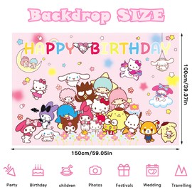 San-rio Birthday Party Backdrop, Cartoon Happy Birthday Banner Background, Pink Theme Party Supplies Backdrop, Birthday Party Decorations Photography Backdrop for Kids Boys Girl