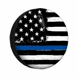 MIYASANG American Flag Tire Covers for Trailers Vintage Black Blue Thin Line Police Patriotism Glory RV Spare Tire Cover Weatherproof Universal Wheel Protectors Fit Camper Travel (17 inch)