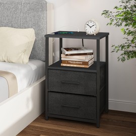 TUTOTAK End Table with Charging Station, Side Table with 2 USB Ports and Outlets, Nightstand with Cloth Drawer, Bedside Table, Black TB01BK088