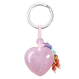 JSDDE Heart Keyring with Chakra Tassel Love Key Ring Natural Gemstones Heart Pendant Healing Reiki Lucky Charm Keychain Gift for Lovers Girlfriends Mum, rose quartz