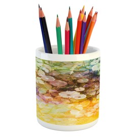 Lunarable Flower Pencil Pen Holder, Colorful Vintage Trippy Floral Garland with Soft Romantic Valentines Inspired Leaves, Printed Ceramic Pencil Pen Holder for Desk Office Accessory, Multicolor