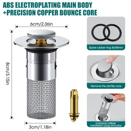 Zjclx Bathroom Sink Drain Stopper for US Universal Replacement,Pop Up Drain for Bathroom Sink with Stainless Steel Filter Basket Hair Catcher, Sink Drain Strainer for 1.34-1.45 Inch