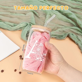Vasos de Cristal, 16oz Vasos de Vidrio con Tapa y Popote, Tarros de Cerveza, Adecuado para Fiestas de Restaurantes, Té de la Tarde, Helados, Cerveza, Jugos, Cócteles, Limonada (Alphabet A)