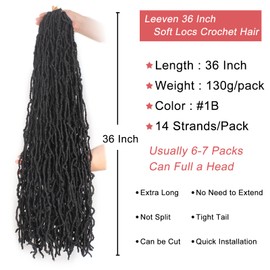 Leeven Black Soft Locs 36 Inch Distressed Faux Locs Crochet Braids Hair 7 Packs Pre-looped Natural Butterfly Locs Super Long Goddess Locs Extended Curly Wavy Synthetic Hair for Women #1B