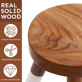 JOLLYMER Teak 11.8" Round Dip Dyed Teak Stool | Wood Accent Side Table | Wood Plant Stand (24" Tall White)