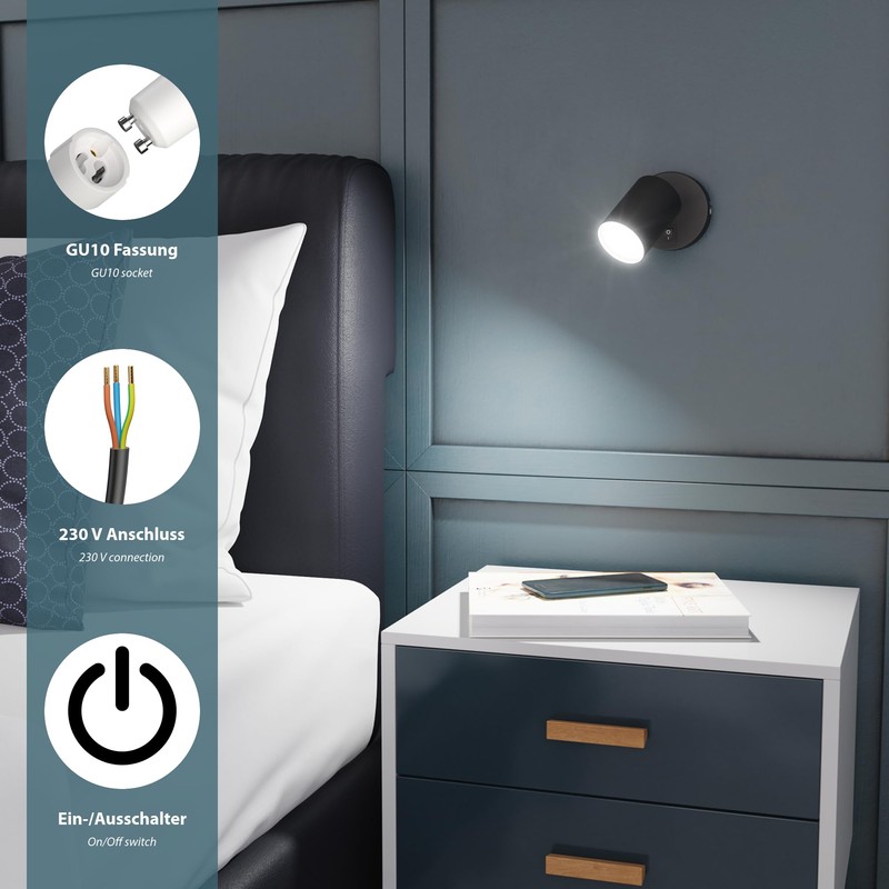 ledscom.de 2 Wall spot WAIKA, Single-Flame, with Switch, GU10, matt