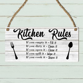 Kitchen Rules Plaque – Whitewashed Sign with Rustic Twine for Hanging – Funny & Practical Kitchen Etiquette Reminder with Fork & Spoon Icons – Family Kitchen Decor for Organisation and Cleanliness