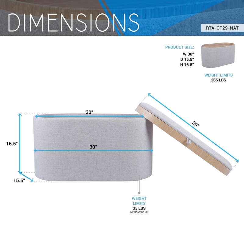 Techni Home Storage Ottoman with Reversible Tray Top, Natural