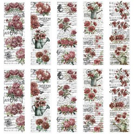 WANDIC 10 Sheets Rub On Transfer Sticker, Vintage Red Flower Decals with Lettering Furniture Floral Stickers for Table Water Bottle DIY Craft, 11.8 * 3.9in