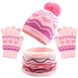 Winter Kids Hat Scarf Gloves Set Knit Fleece Lined Beanie Neck Warmer Mittens for Toddler Boys Girls 3-8 Years (Pink-B)