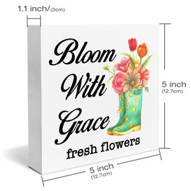 Spring Decor Farmhouse Bloom with Grace Wood Box Sign Spring Decorations Rustic Home Desk Shelf Tabletop Decor 5 x 5 Inches