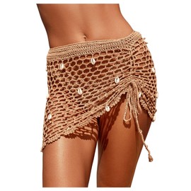 SHENHE Women's Sheer Crochet Hollow Out Shell Swimwear Swimsuit Cover Up Beach Skirt Pale Khaki M