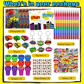 Cinrobiye 72 Pcs Hero Party Coloring Book Bulk, Hero Party Favors Goodie Bags Fillers,Hero Comic Zap Wow Boom Birthday Party Supplies Face Stickers Tattoo Prizes for Hero Party