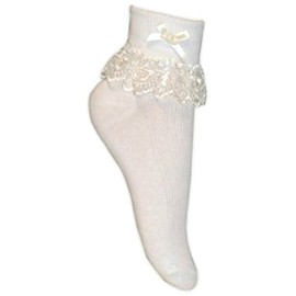 Girls & Baby 6 Pairs of white frilly laced top ankle socks Fancy Bow Beaded centre. by Jester (0-2 UK shoe Baby, White)