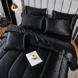 Black Silky Comforter Set Satin Twin Bed in a Bag 6 Pieces Luxury Hotel Silky Bedding with 1 Comforter, 1 Flat Sheet, 1 Fitted Sheet, 2 Pillowcases, 1 Cushion Cover (Twin, Black)