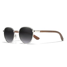 KINGSEVEN Walnut Wood Round Sunglasses Men Women Polarised Mirrored Stylish Retro Glasses W5519, W5519-gradient grey