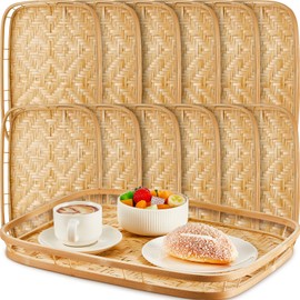 FillTouch 12 Pcs Bamboo Wicker Serving Trays 16.93 x 13 x 1.57 Inch Hand Woven Lap Trays for Eating Rectangular Flat Basket Tray Decorative Bedroom Bed Tray for Eating Dinner Tray Fruit Snack Holder