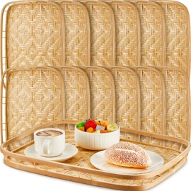 FillTouch 12 Pcs Bamboo Wicker Serving Trays 16.93 x 13 x 1.57 Inch Hand Woven Lap Trays for Eating Rectangular Flat Basket Tray Decorative Bedroom Bed Tray for Eating Dinner Tray Fruit Snack Holder