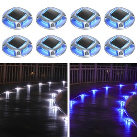 AGPTEK Solar Driveway Lights Outdoor 8 Pack, 2 Color Modes LED Deck Dock Marine Waterproof Security Marker Lights for Step Sidewalk Stair Garden Pathway Walkway Yard(Blue Light/Cool White)