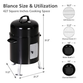 Sophia & William 17" Vertical Charcoal Smoker Grills with Two-Tier Grates, Heavy-Duty Integral Chamber and Tunnel Ventilation System for BBQ, Patio, Outdoor Camping(Black)