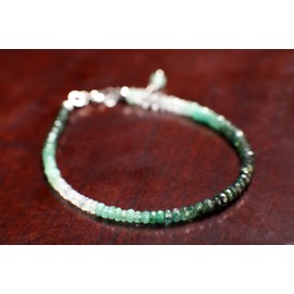 Ombre Emerald Faceted Rondelle 3-4mm Bracelet in 925 Sterling Silver Clasp and 1" Extension Chain, Natural Precious gift for her. (6" + 1" Extension)