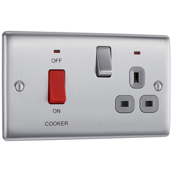 BG Electrical NBS70G-01 Switched Cooker Control Unit with a Power Indicator and Socket, 45 Amp, Brushed Steel