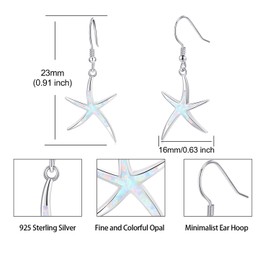 Starfish Earrings 925 Sterling Silver with Opal Fish Hoop Earrings Nautical Hawaii Beach Earrings Starfish Jewellery Gifts for Women Starfish Lovers, Sterling Silver, Opal