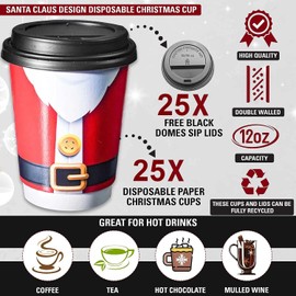 Decor Essentials Santa 12oz Disposable Paper Christmas Cups Recyclable with 12-16oz Black Domed Lids (25 Pack)