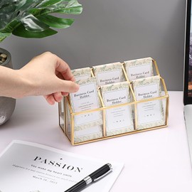 Hipiwe Business Card Display Stand Vertical Gold Name Card Holder with Mirror Metal Glass Desktop Organizer for Office Exhibition, 2 Layers 6 Slots
