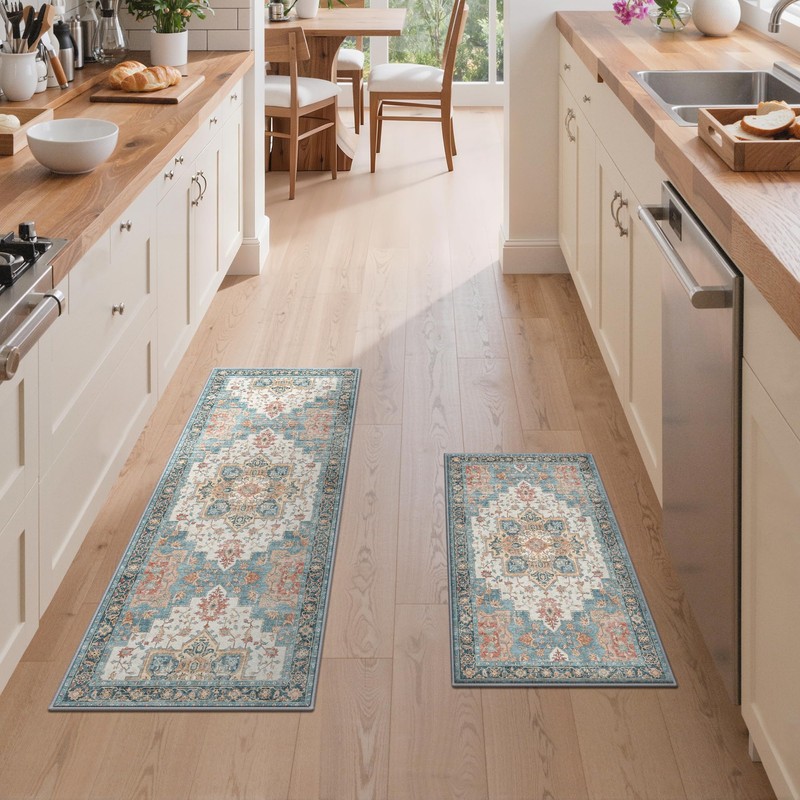GENIMO Kitchen Rugs Set of 2, Washable Non Slip Cushioned