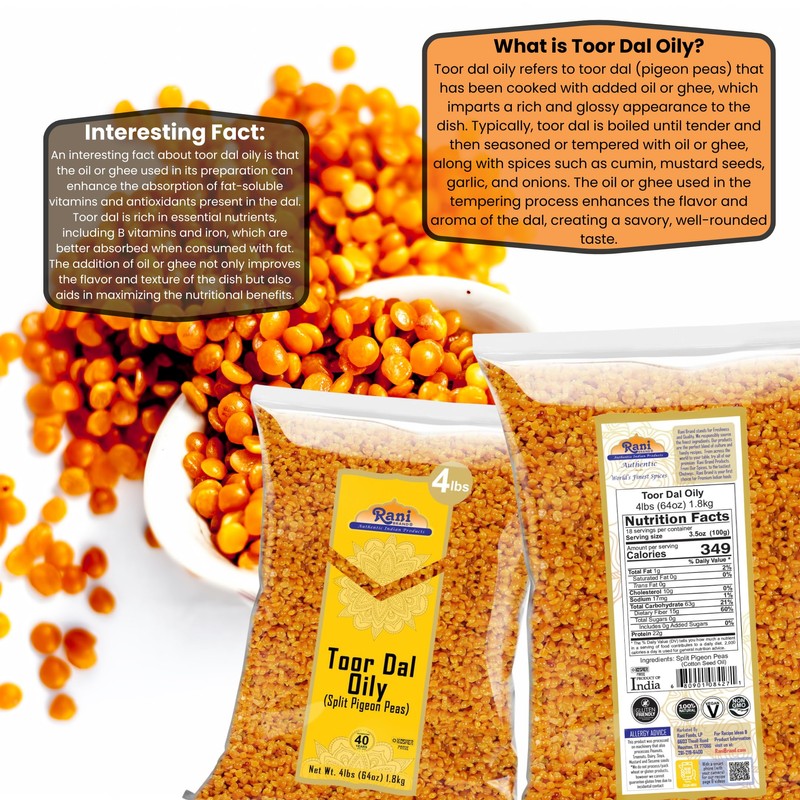 Rani Toor Dal (Split Pigeon Peas) Oily, 64oz (4lbs) 1.81kg