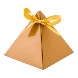 Restaurantware Pastry Tek 3 Inch Pyramid Favor Boxes, 100 Pyramid Triangle Gift Boxes - Satin Ribbon, Disposable, Brown Paper Triangle Candy Boxes, For Weddings Or Parties