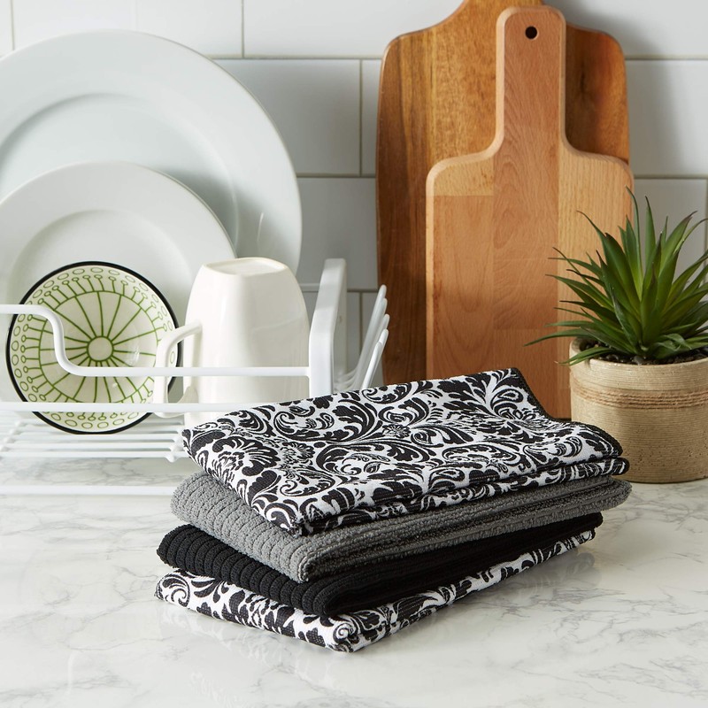 DII Cleaning Collection Multi-Purpose Microfiber, Black Damask, Dishtowel Set