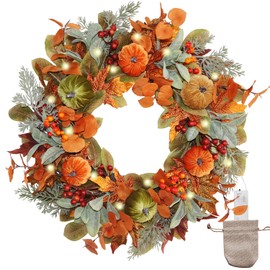 20 Inch Pre-Lit Pumpkin Fall Wreath for Front Door, 30 White LEDs