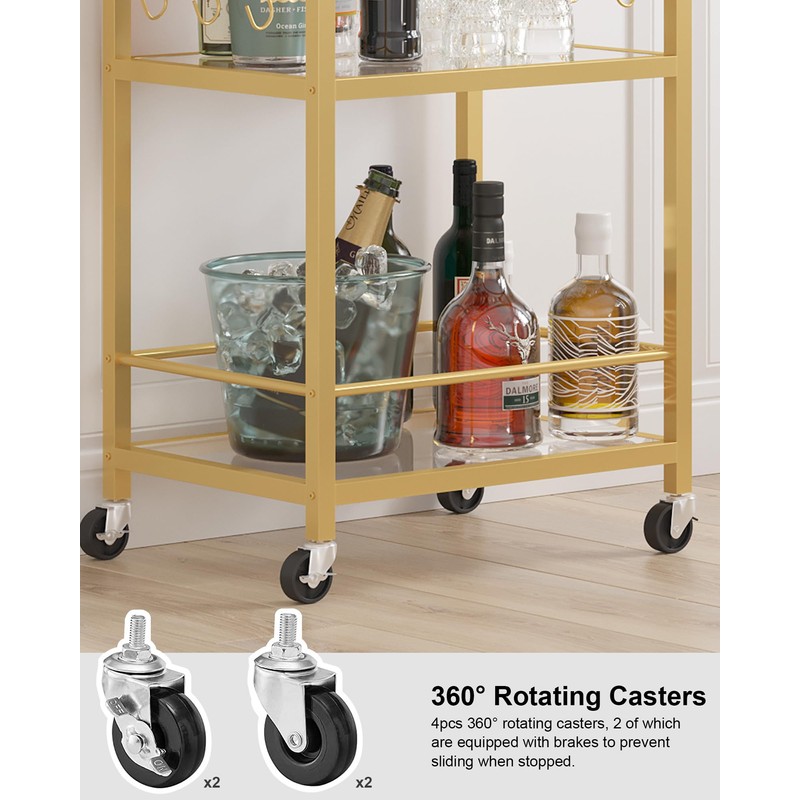 TUTOTAK Bar Cart, Home Bar Serving Cart with 3-Tier Mirrored