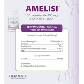 Amelisi L-Lisina 100 Cápsulas 500 mg c/u - Suplementos Alimenticios - Aminoácidos Esenciales - Con Celulosa Microcristalina - Sin Gluten, Aditivos Ni 