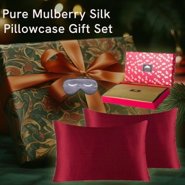 BlueHills Luxury Silk Pillowcase Gift Set - 100% Pure Mulberry Natural Soft Both Sides Silk Pillowcase 2 Pack for Hair and Skin & 1 Pure Silk Eye Mask Gift Box 3 Piece Set Burgundy Red Queen Q002