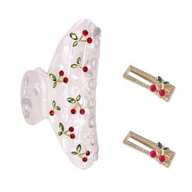 1 Piece Cherry Hair Clip, 2 Pieces Cherry Side Clip, Flash Diamond Gripper, Firm Non-Slip Clip, Double Row Tooth Gripper, Cherry Vertical Clip, Ponytail Hair Accessories