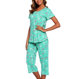 ENJOYNIGHT Women's Cotton Pajamas Set Short Sleeve Top with Capri Pants Sleepwear Set (3X-Large, G.Flamingo)