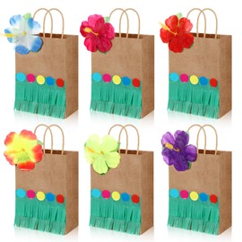 Kolldenn 24 Set Hawaiian Luau Paper Gift Bags with Handle, Hibiscus Flower and Grass Skirt, Tropical Hawaiian Party Favors for Birthday Party Supplies Treat Goodie Candy Guests Wedding Bachelorette