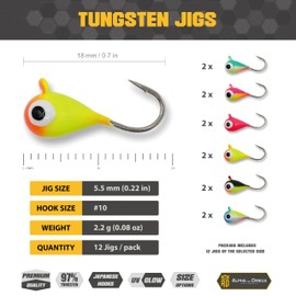 ALPHA and OMEGA - Tungsten Jig KIT (12 Jigs) (5.5mm / Hook #10) Ultra Glow & UV Ice Fishing Jigs Lures Trout Crappie Perch Bluegill Bass Whitefish Walleye (Pack of 12)