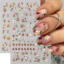 Flower Nails Art Stickers Decals 5D Bee Ladybug Strawberry Design Cute Nail Stickers Embossed Spring Summer Nail Decals Bug Tulip Daisy Flower Nails Decoration Floral Stickers Supplies for Manicure
