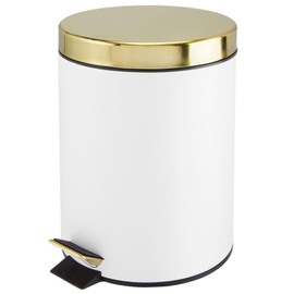mDesign Small Modern 1.3 Gallon Round Metal Lidded Step Trash Can, Compact Garbage Bin with Removable Liner Bucket and Handle for Bathroom, Kitchen, Craft Room, Office, Garage - White/Soft Brass, 5 liter