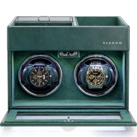 Vlando Automatic Double Watch Winder - Watch Winder Box with Men Jewelry Organizer Tray, Japanese Quiet Motor, LED Light, Adjustable Watch Pillows - Green