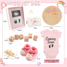 9 Pc Pregnancy Announcement Set Baby Announcement Sign Baby Bodysuit Baby Booties Photo Frame Bear Plush Baby Wood Blocks Announcement Props for Baby (Girl, Pink)