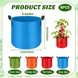 Nuogo 8 Pack Colorful Plant Grow Bags Heavy Duty Thickened Nonwoven Fabric Pots with Handles Garden Planting Bags for Flowers Fruits Vegetables Indoor Outdoor Gardening Plant Lovers (5 Gallon)