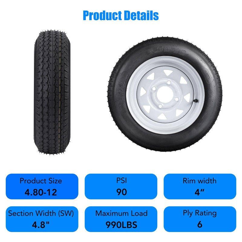 4.80-12 4.80x12 480-12 4.80-12 Trailer Tires with 12" Rims, 4