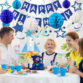 Biubumtu Blue Birthday Decorations- Happy Birthday Banner Sign with Honeycomb Ball, Glitter Star Hanging Swirl Streamers, Circle Dot Garland for Birthday Party Decor