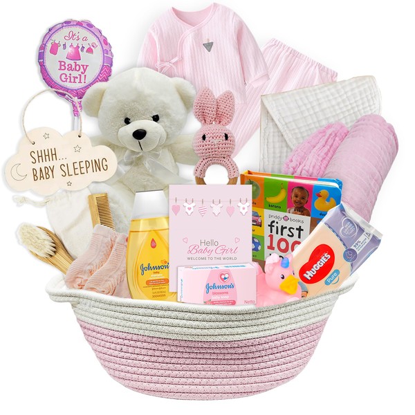 New Baby Girl Gift Basket | Unique Gift Set for a New mom Pink Baby Gift Set. Welcome Baby Care Package All w/Newborn Essentials Bundle for Expecting Moms Baby Shower, After Labor Gift