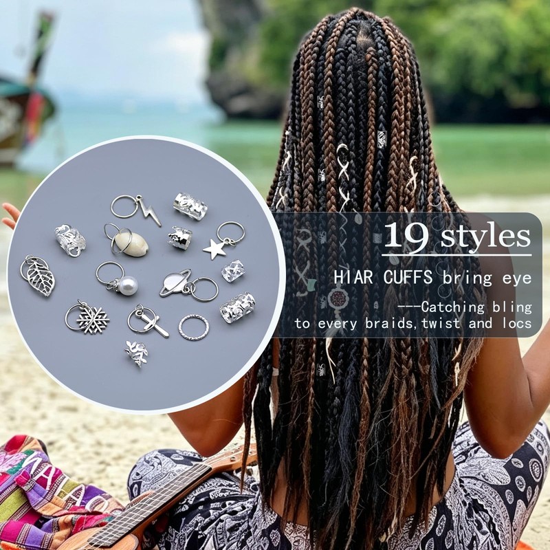 259pcs Silver Hair Jewelry for Braids 19styles Hair Charms Accessories